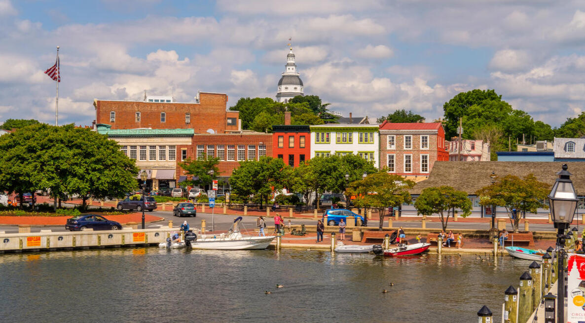 Annapolis City Dock on a summer day, with boats moored along Ego Alley and the State House dome beyond